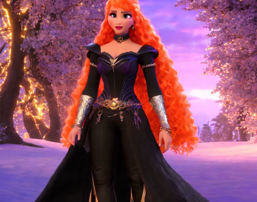 Fiery red-haired animated character in black medieval gown amid pink blossoming trees