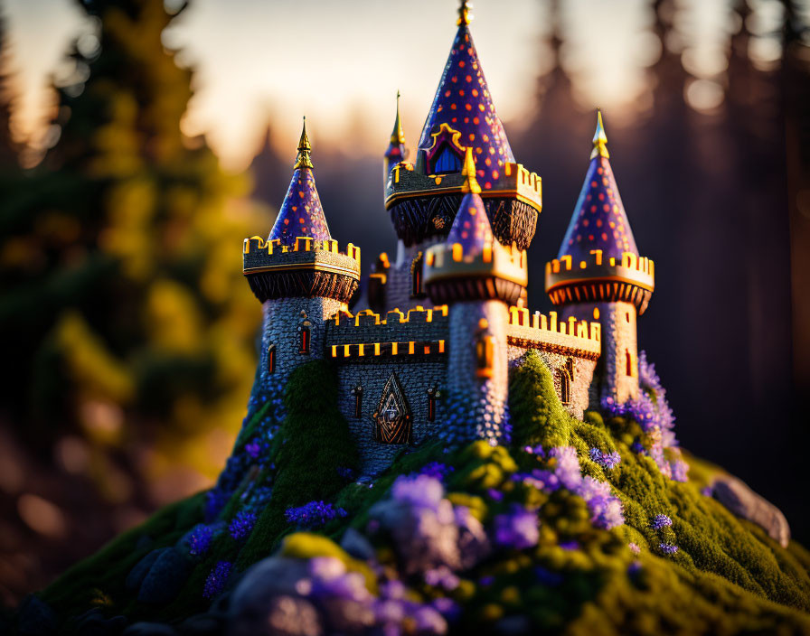 Miniature fairy tale castle with purple roofs in golden hour light