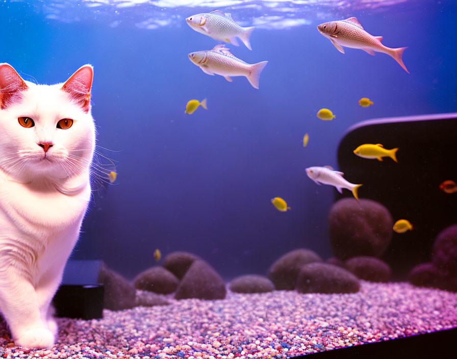 White Cat Watching Fish in Aquarium with Yellow and Silver Fish
