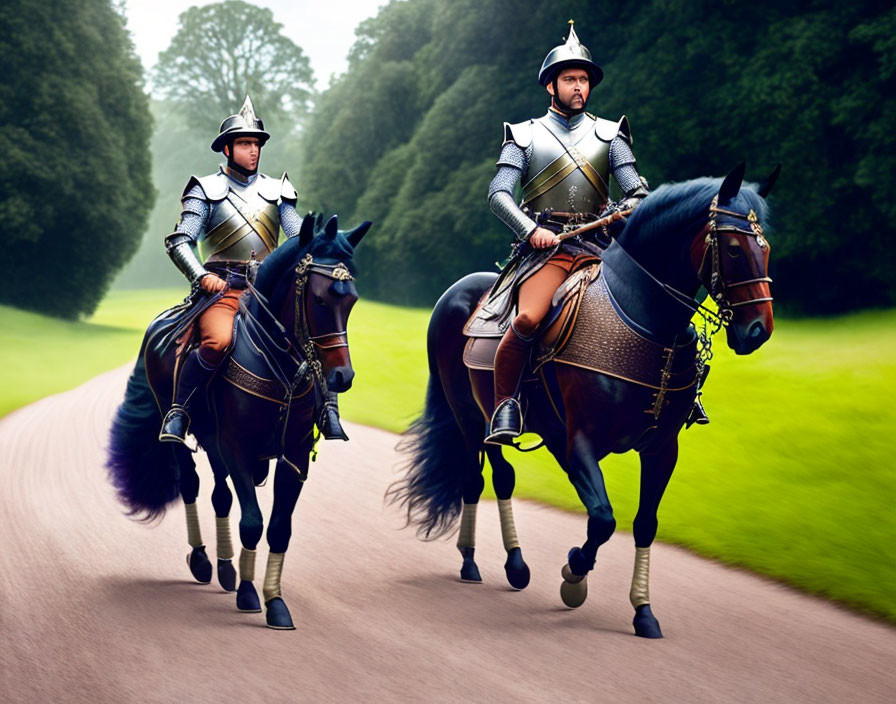 Medieval knights on horseback in armor on forest trail