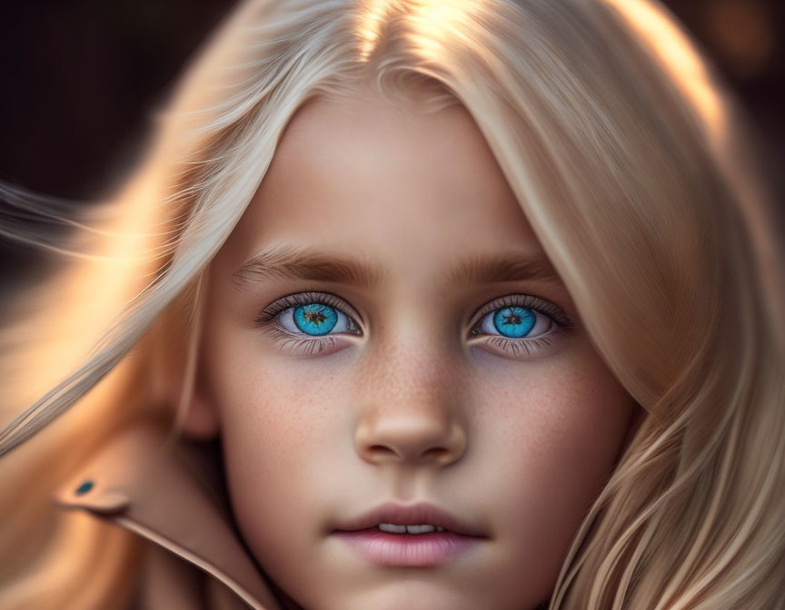 Young girl with blue eyes and blond hair in close-up portrait.