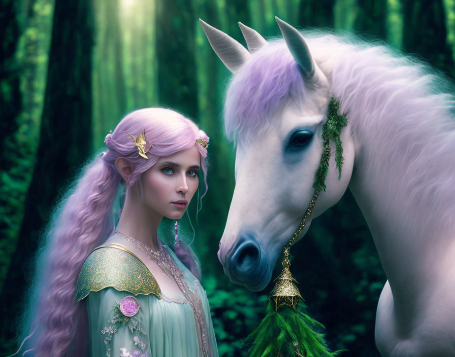 Enchanted forest with pale woman and unicorn in misty scene