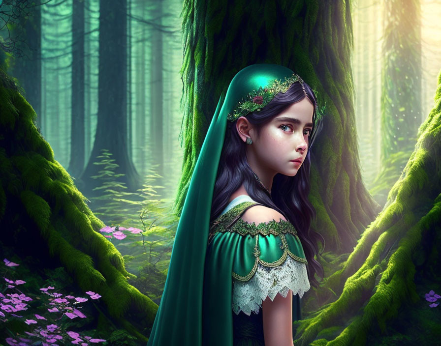 Young girl in green cloak and floral headpiece in mystical forest with sunbeams.