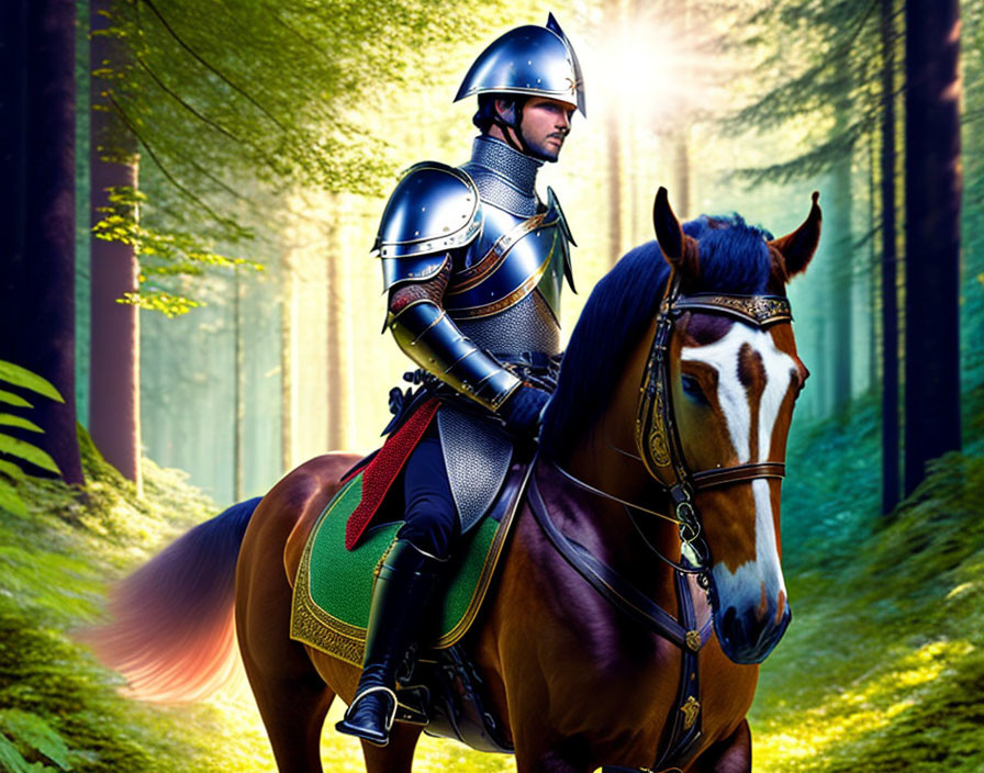 Knight on Brown Horse in Sunlit Forest - Medieval Scene