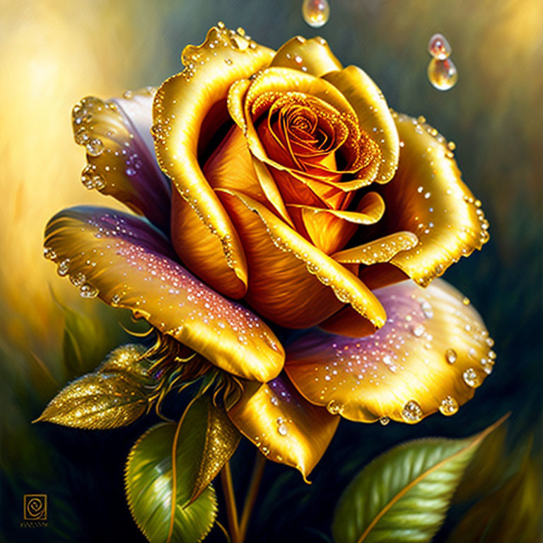 Golden rose digital artwork with dewdrops on petals in enchanting setting
