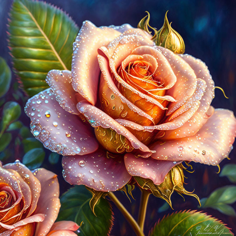 Detailed painting of dew-covered peach rose with dark bokeh background