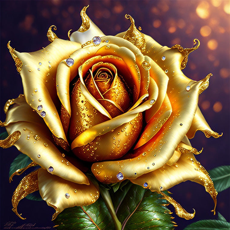 Golden Rose with Dewdrops and Sparkles on Bokeh Background