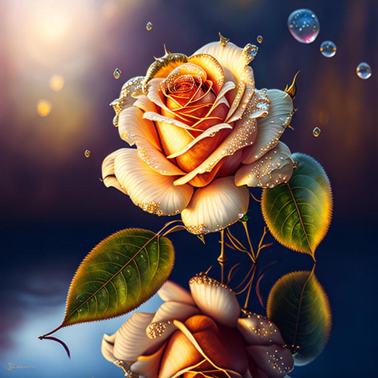 Detailed golden rose illustration with dewdrops on bokeh-lit background.
