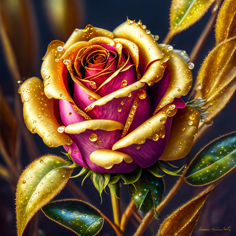 Detailed Purple and Yellow Rose with Water Droplets on Dark Background