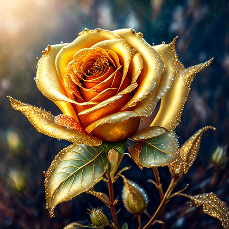 Golden Rose with Dewdrops on Blurred Natural Background