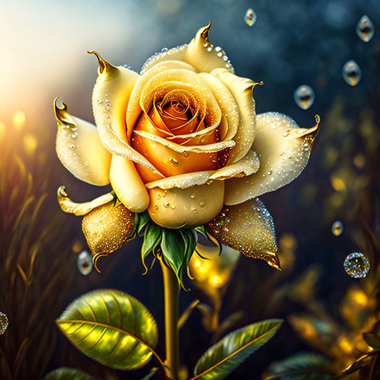 Vibrant yellow rose with dewdrops in sunlight glare