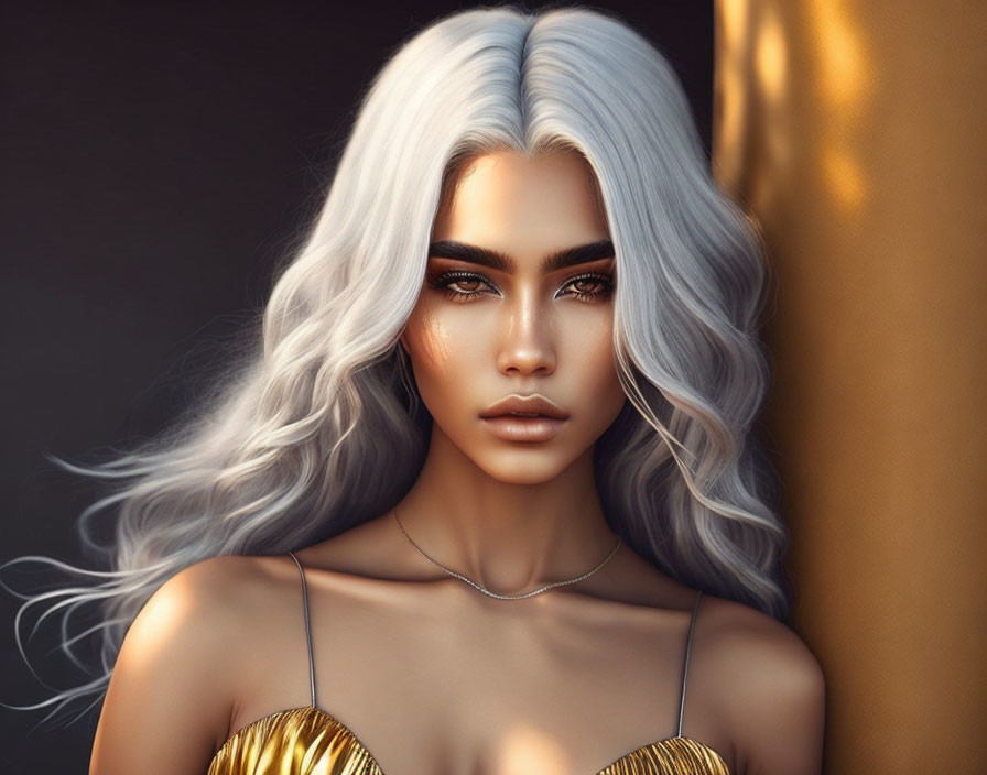 Digital Artwork: Woman with White Wavy Hair and Smokey Eye Makeup