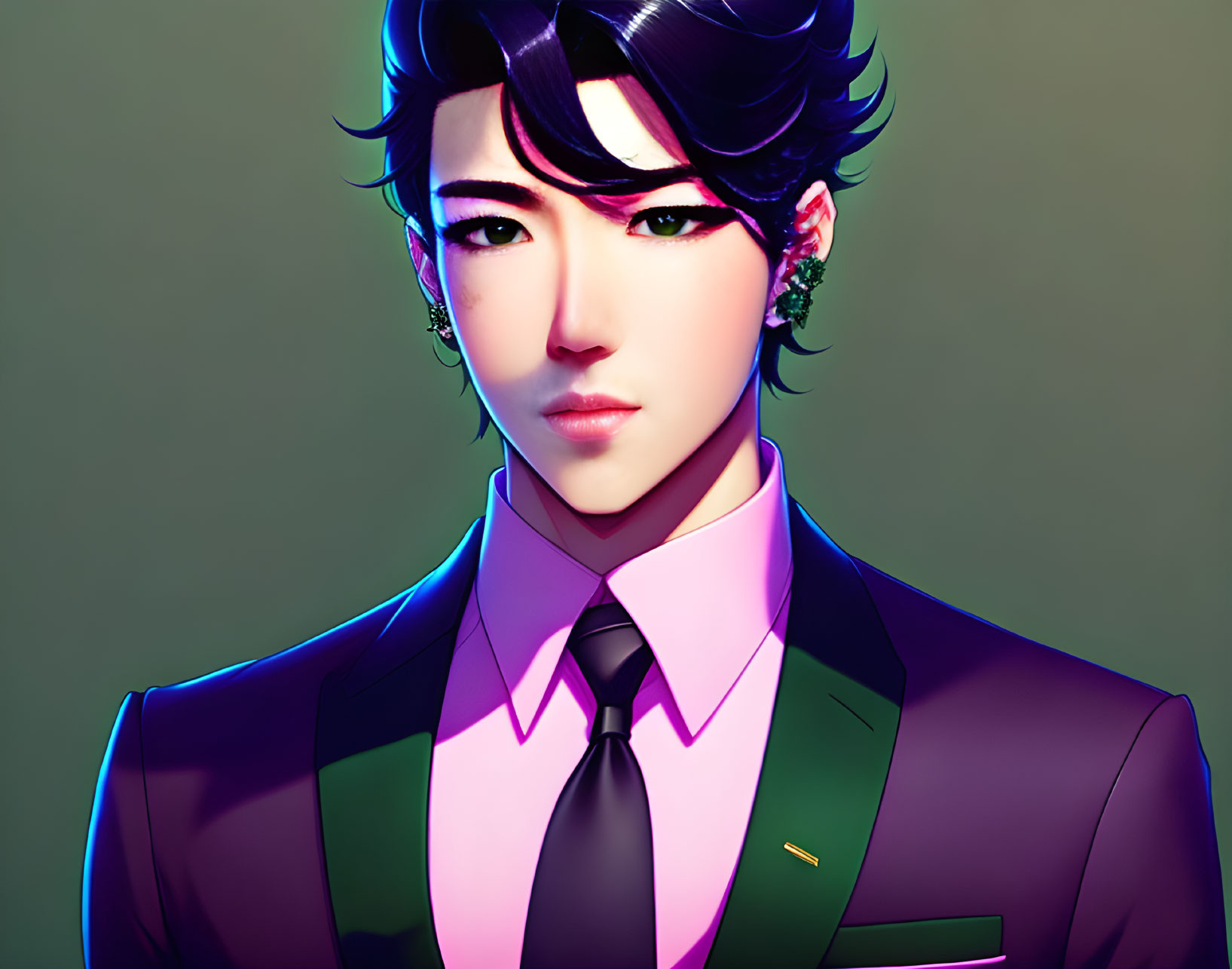 Digital illustration of a person in sharp-featured suit with pink and green shades