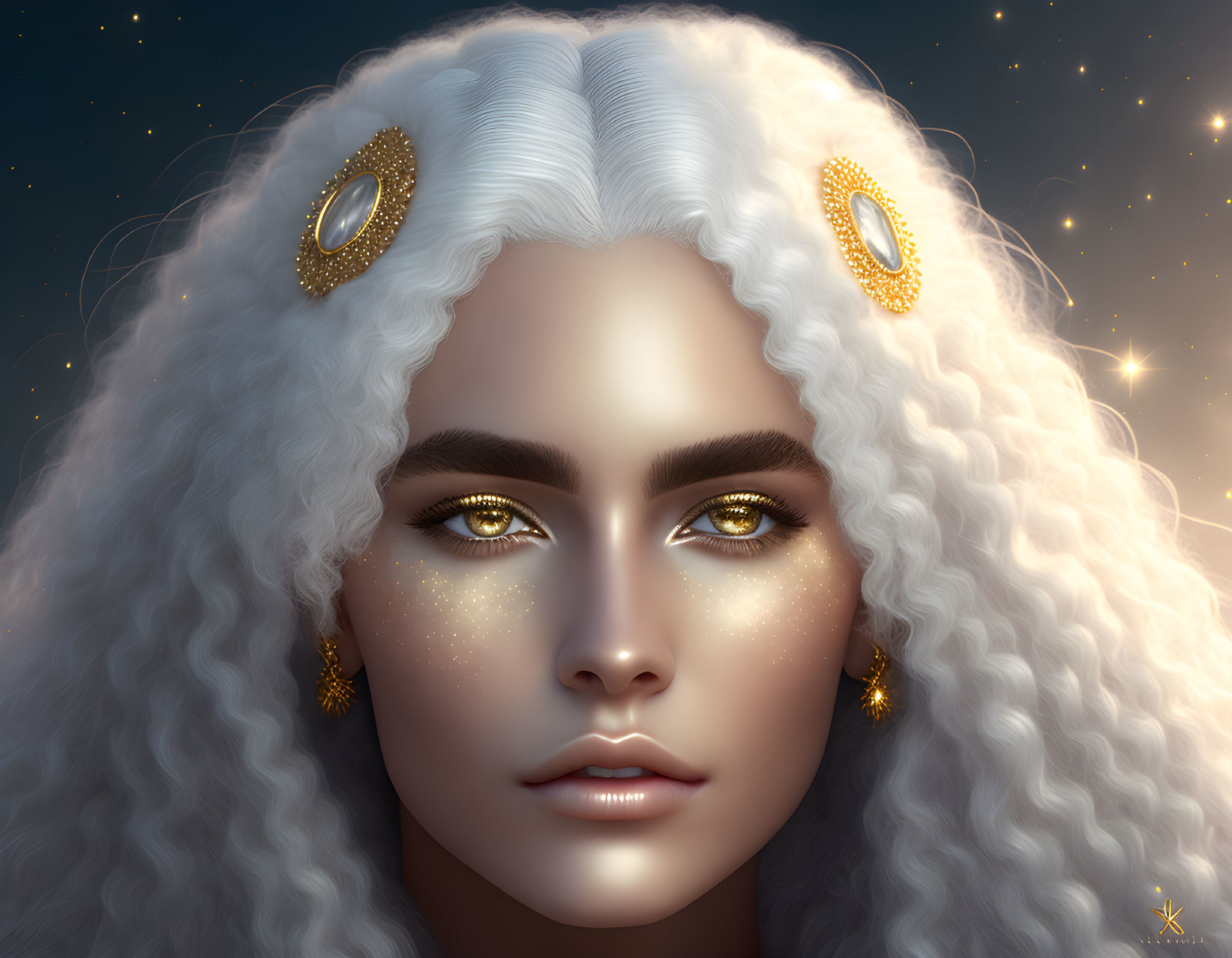 Digital portrait of person with pale skin, white curly hair, gold eyes, star-like freckles