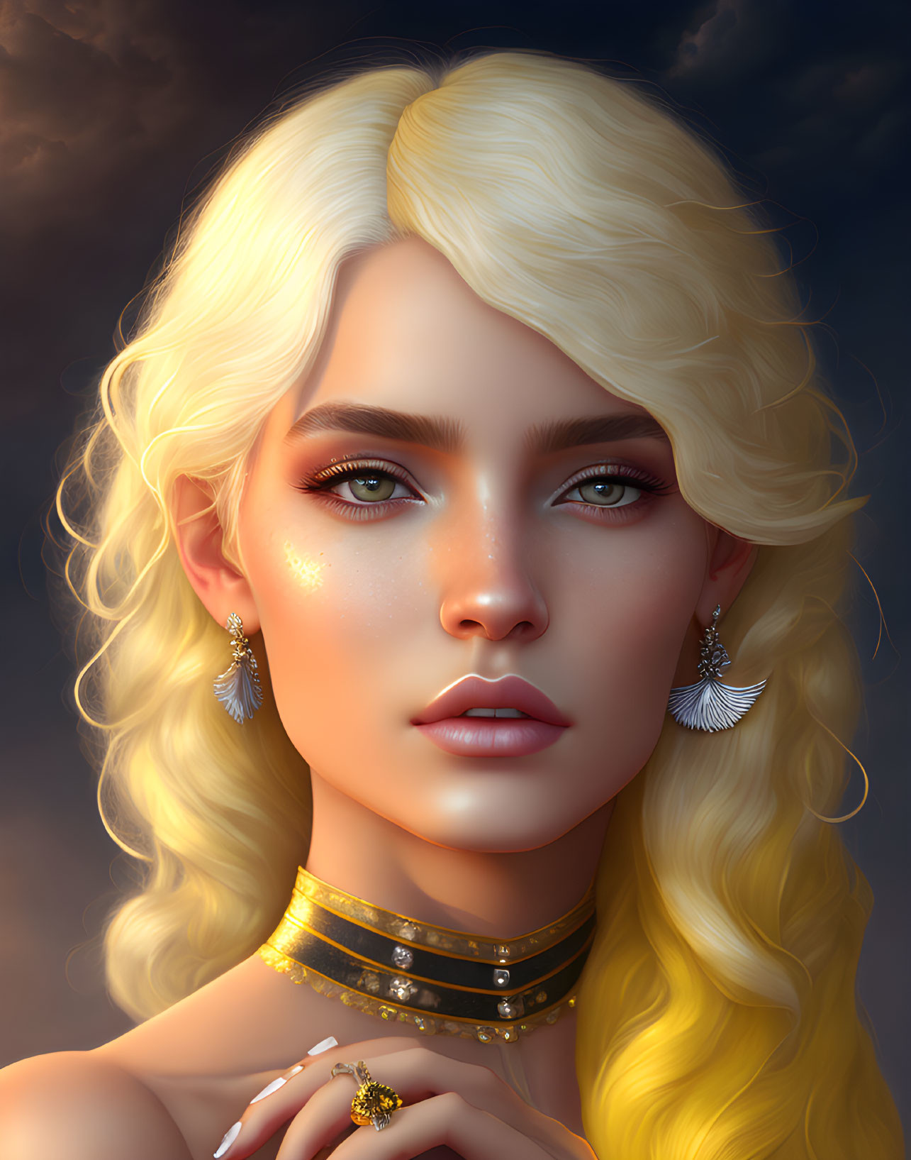 Blonde woman with green eyes in digital portrait wearing golden jewelry