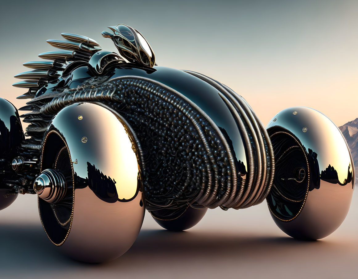Futuristic black motorcycle with feather-like details in a desert landscape