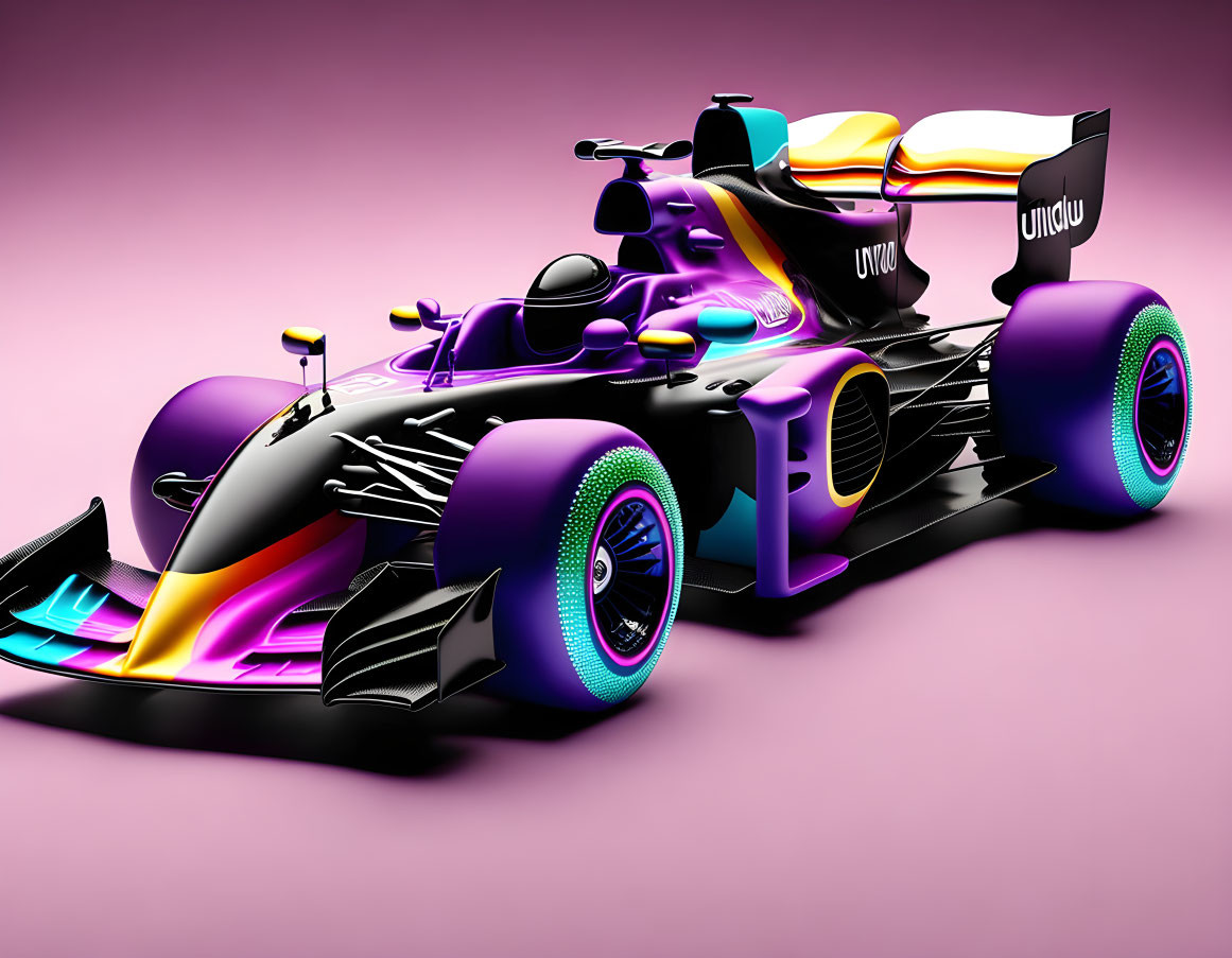 Vibrant purple and yellow Formula 1 car on pink background with futuristic design.