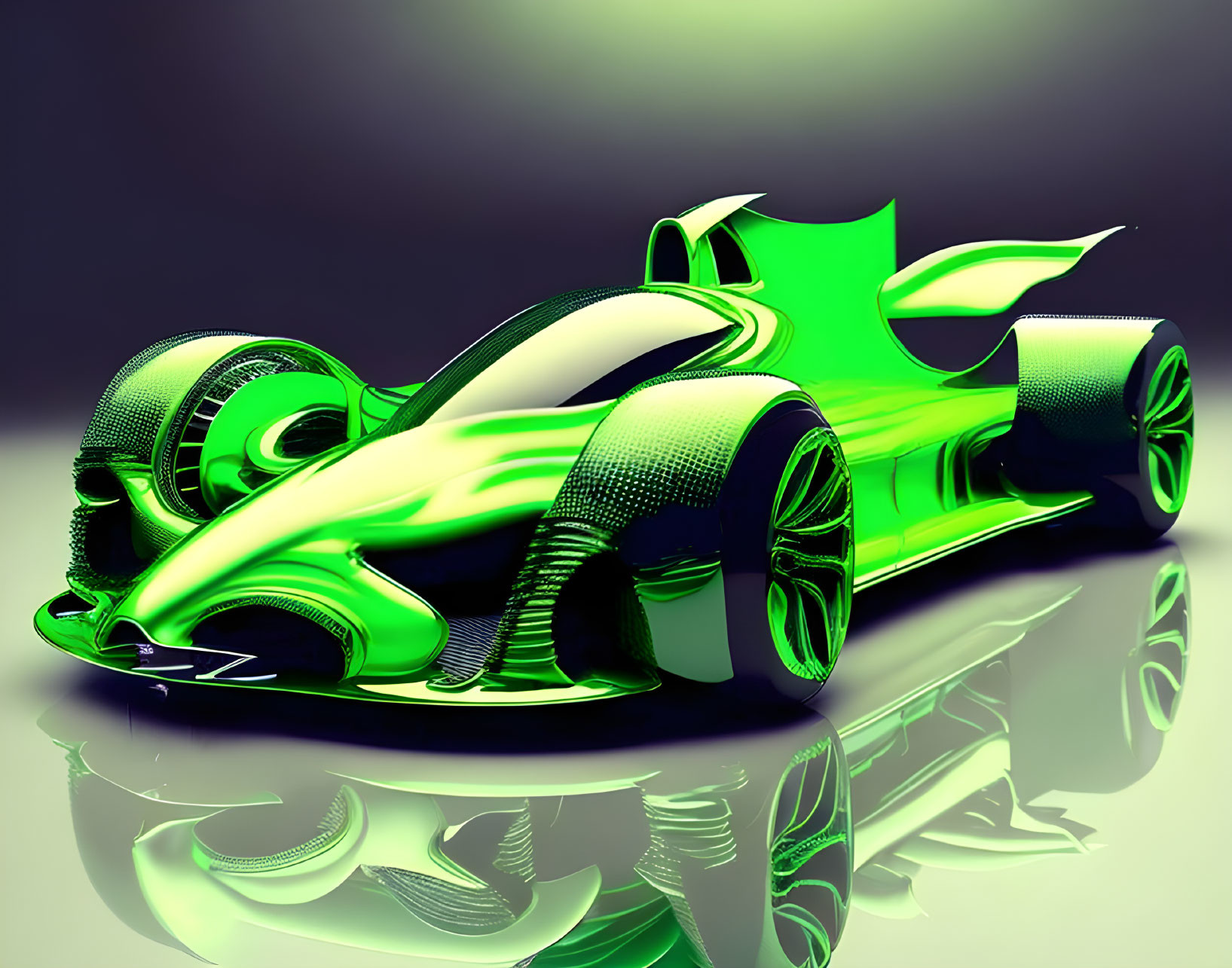 Futuristic Green Race Car on Grey Background