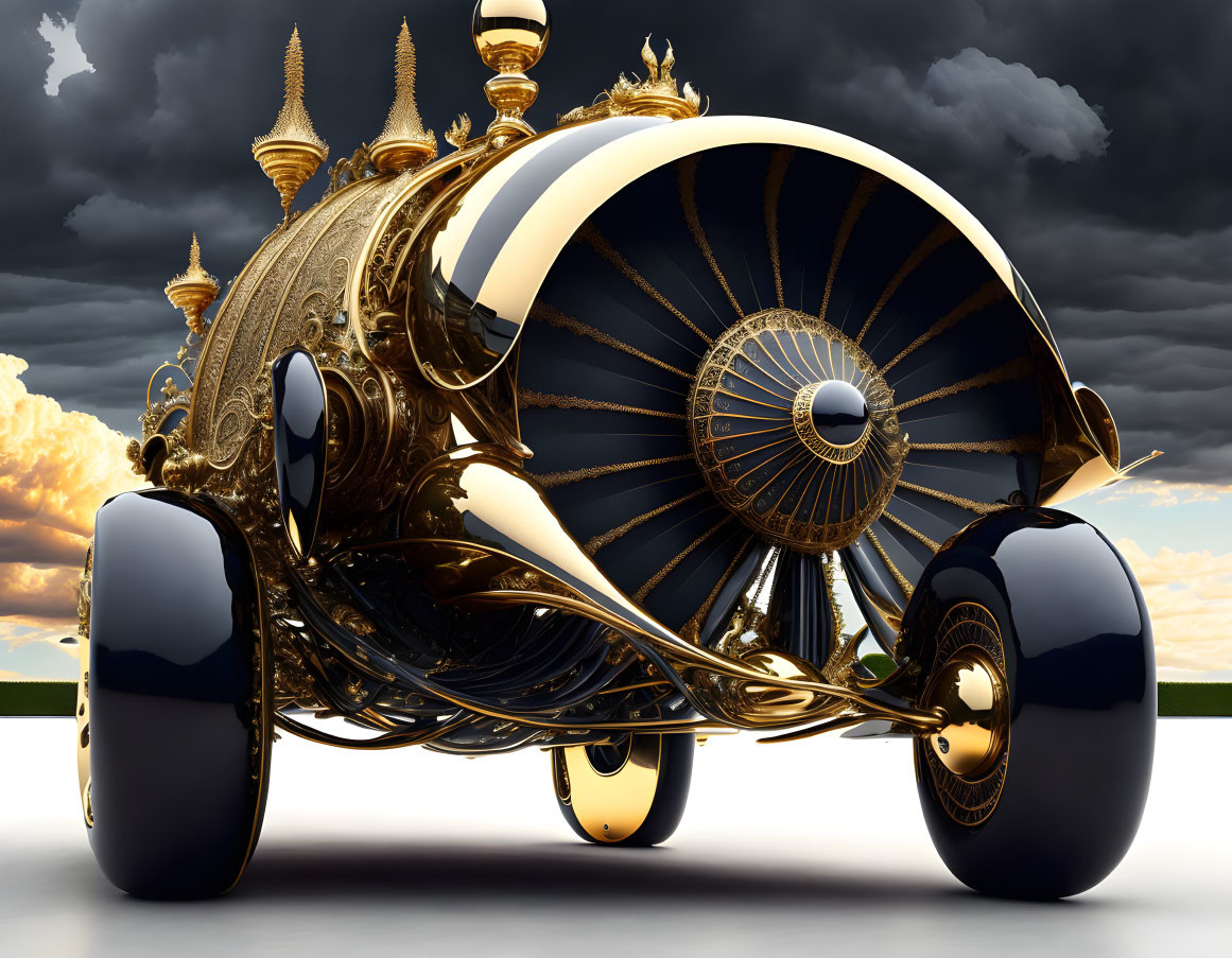 Luxurious ornate fantasy vehicle with gold accents and black wheels on dramatic sky
