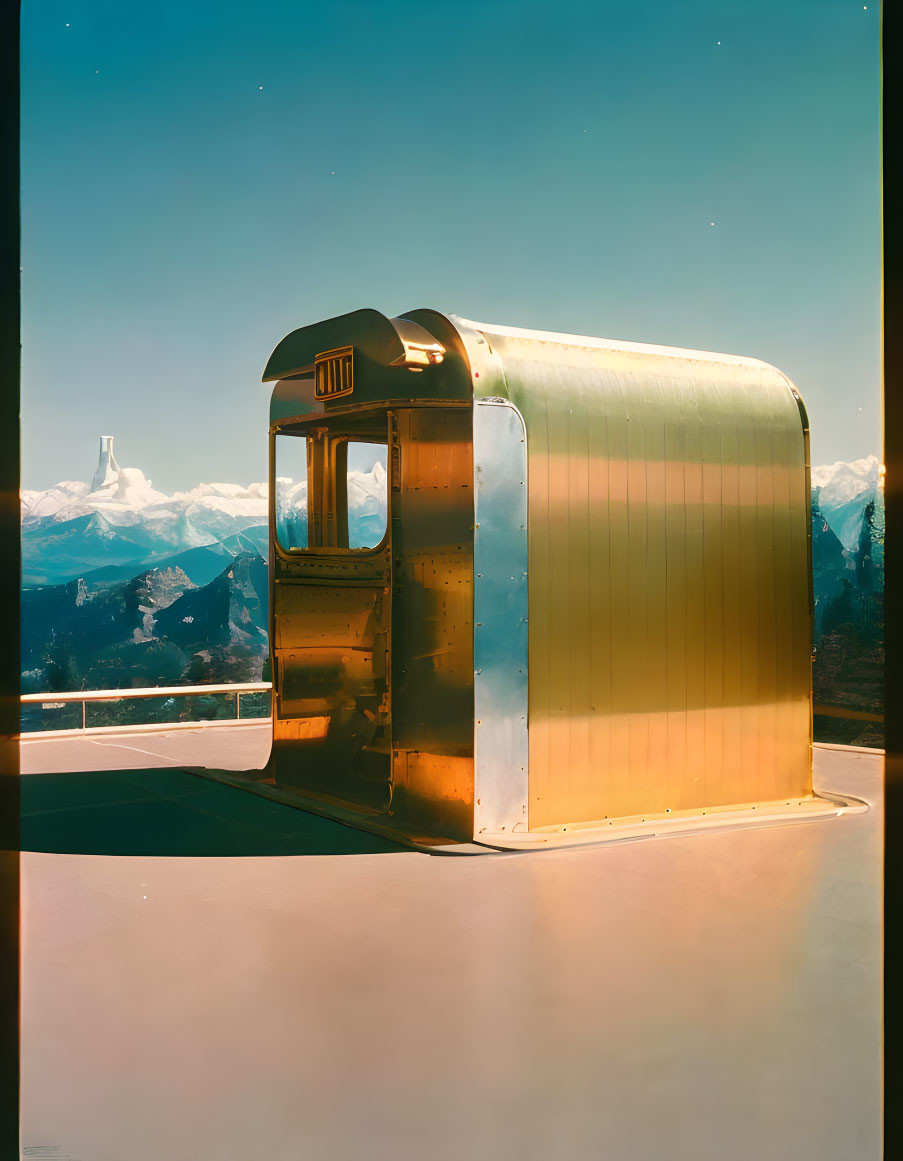 Vintage Cable Car Cabin with Panoramic Windows and Snow-Capped Mountains
