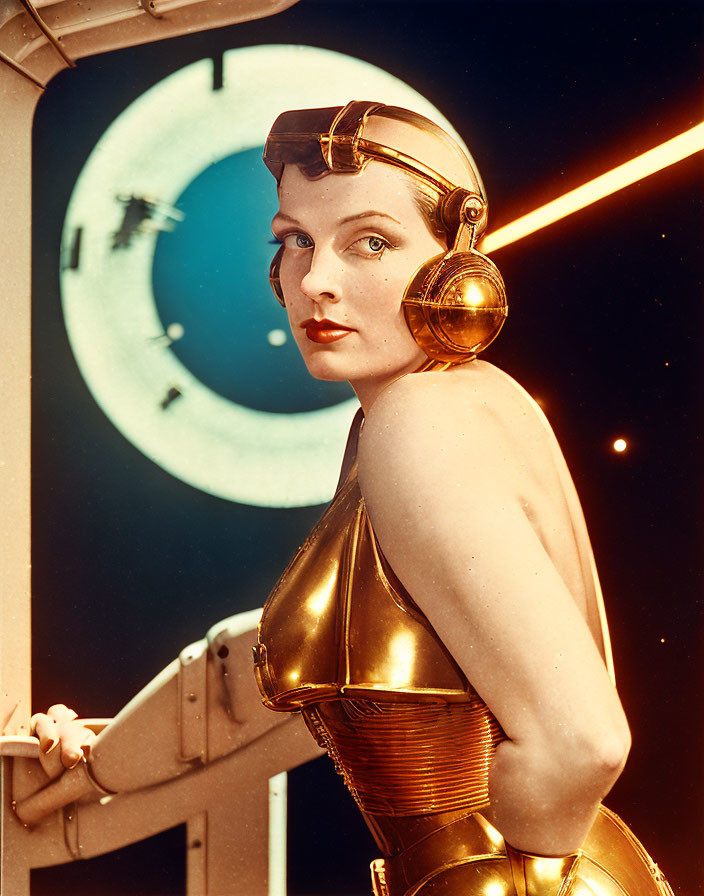 Vintage-style portrait of woman in gold sci-fi costume with headset in spaceship setting.