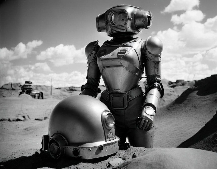 Monochrome image of humanoid robot in desert with detached head