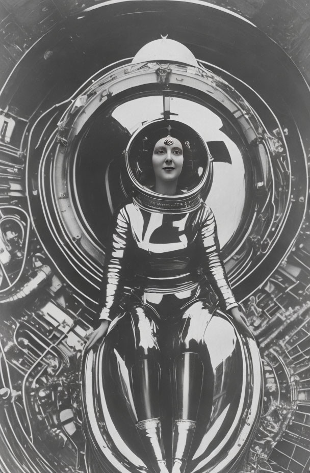 Monochrome image: Person in futuristic spacesuit by spacecraft hatch