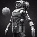 Vintage-Style Robot Against Starry Background with Celestial Body
