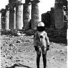 Futuristic space suit person among ancient towering columns in ruins