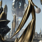 Golden Futuristic Cityscape with Spires and Spherical Structures