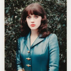 Woman with Brown Hair in Teal Trench Coat Against Green Background