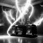 Vintage audio equipment with glowing tubes and dynamic lightning effects