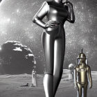Vintage black-and-white image of woman in retro-futuristic space suit on lunar surface with large moon