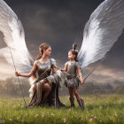 Two women in armor with angelic wings and bows in a field with flowers under dramatic sky