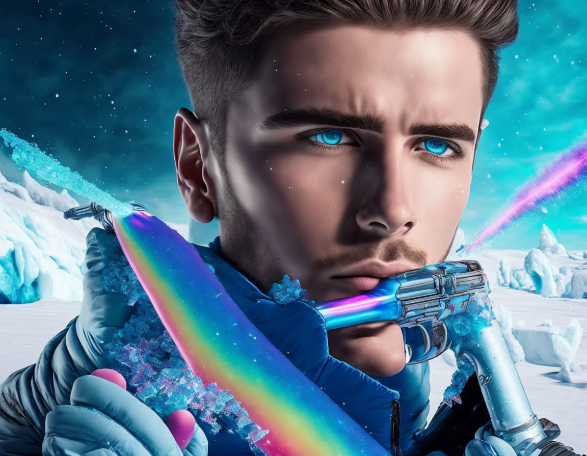 Man with Blue Eyes Holding Futuristic Rainbow Weapon in Icy Landscape