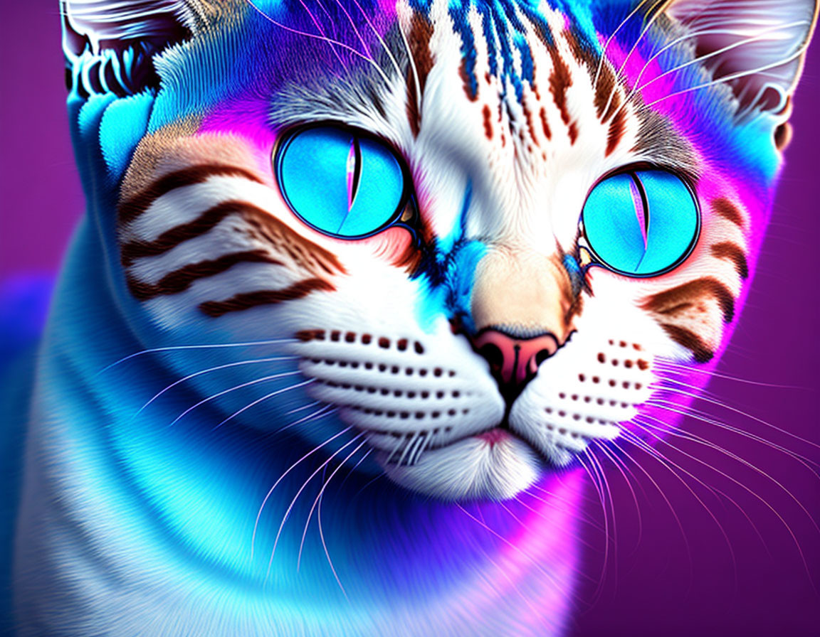 Colorful digital artwork: Cat with blue eyes and vibrant fur on purple background