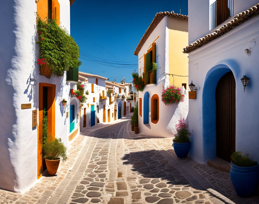European Village Street with White Walls and Flowering Plants