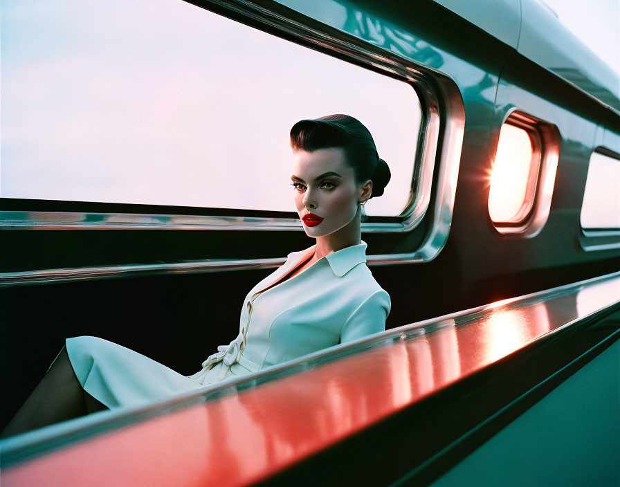 Vintage hairstyle woman in white dress poses in retro-futuristic train at twilight