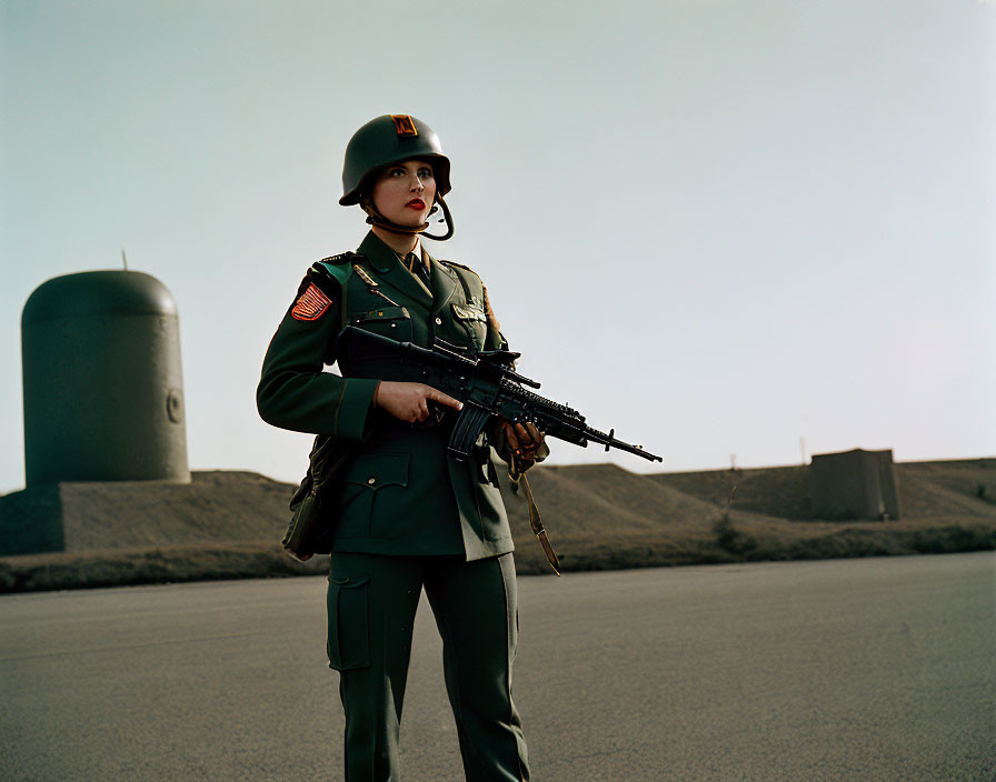 Female soldier in uniform with rifle against industrial backdrop