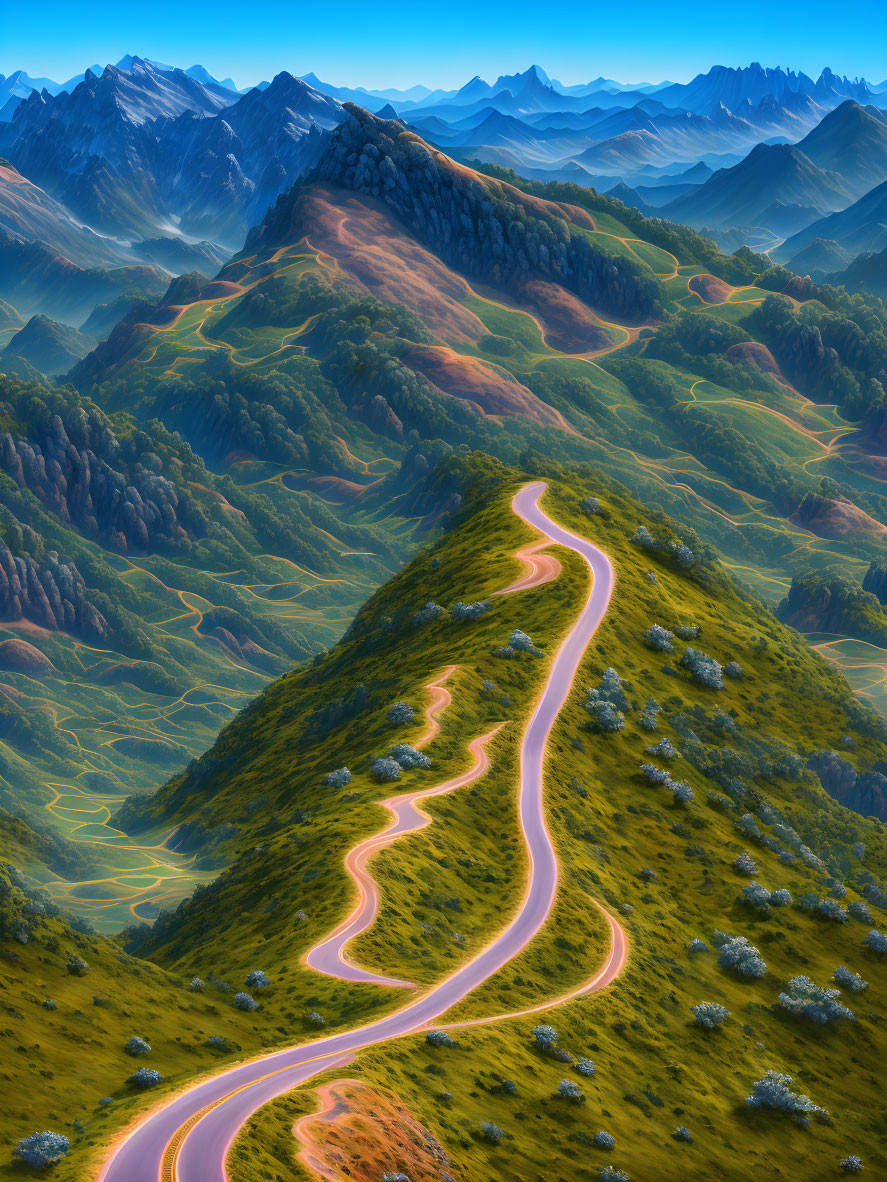 Scenic winding road through green hills and mountains