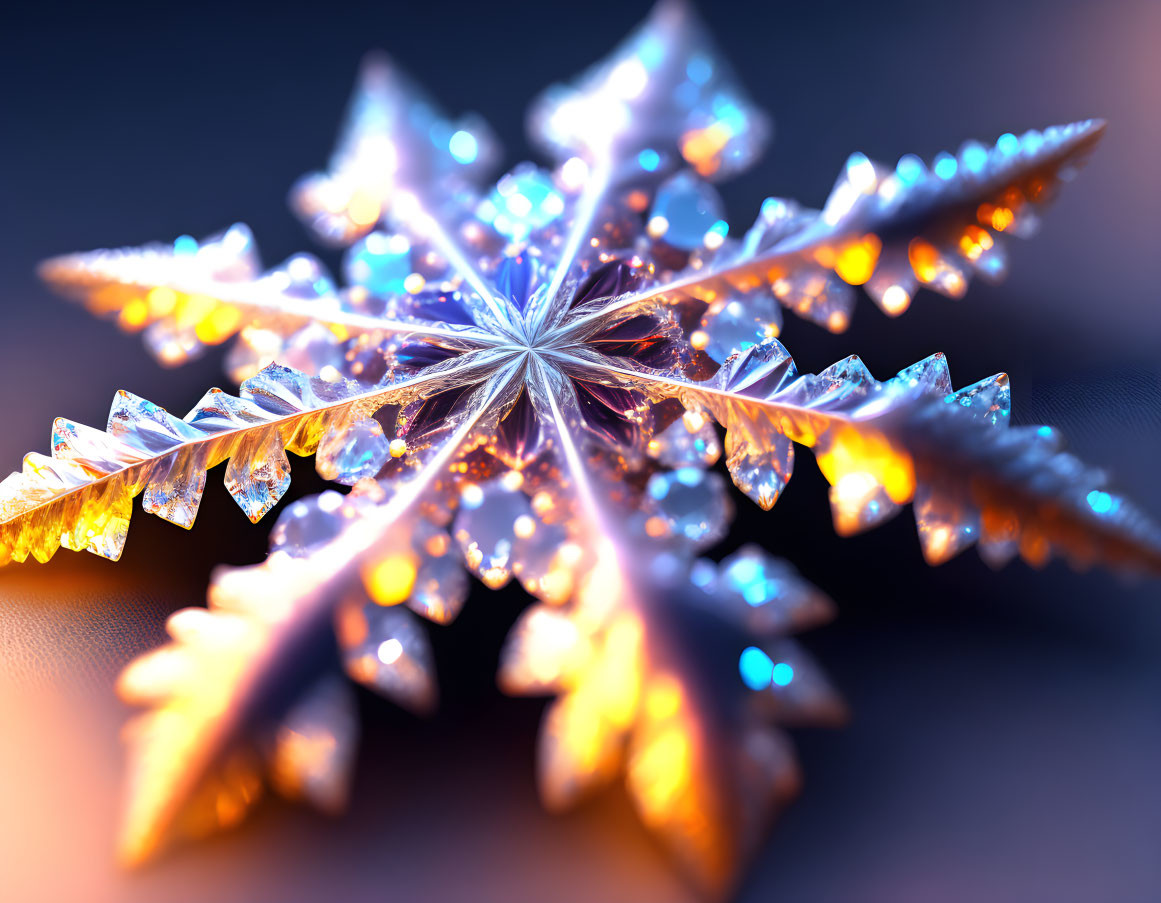 Translucent snowflake with intricate patterns on blue and orange background