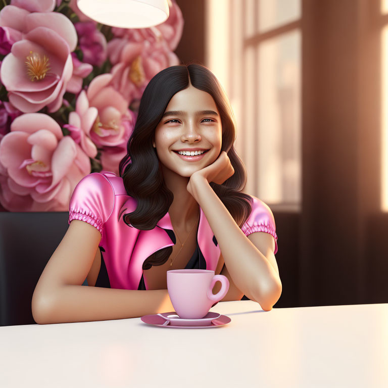 Smiling woman in pink blouse with pink cup and flowers in the background