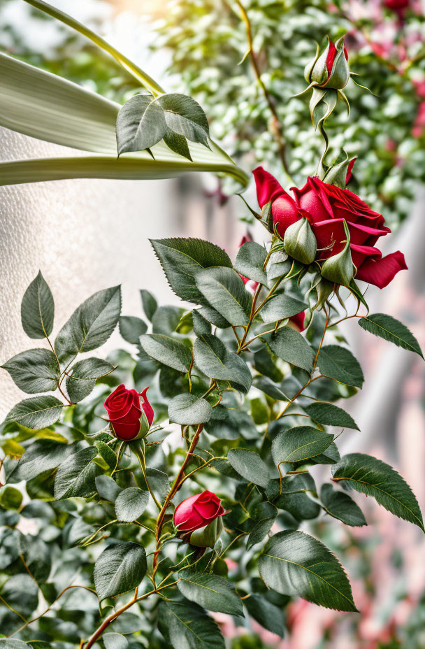 Red Rose with Buds and Green Leaves on Sunny Background