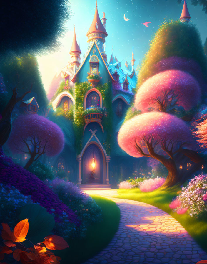 Enchanting fairy tale castle in glowing forest with birds at dusk
