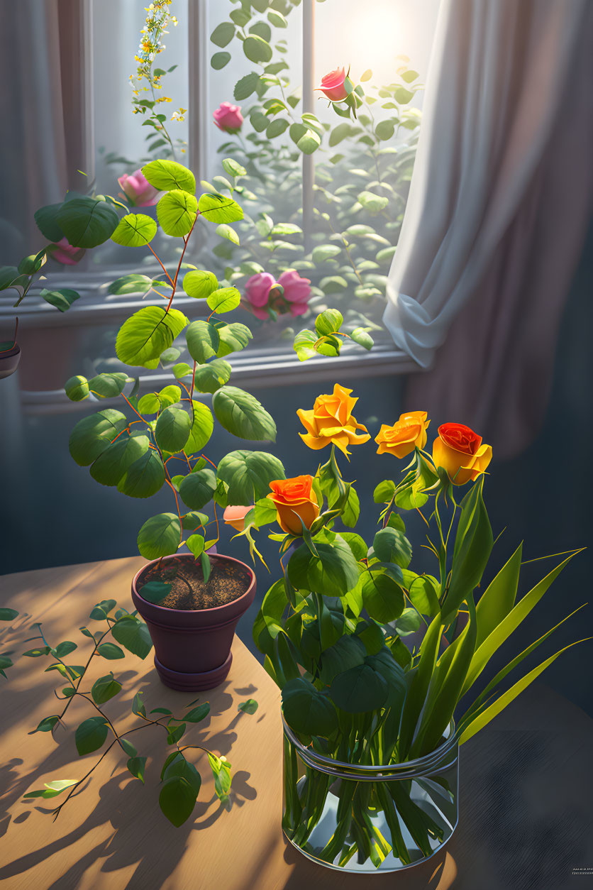 Blooming rose plant and cut flowers by sunny window.