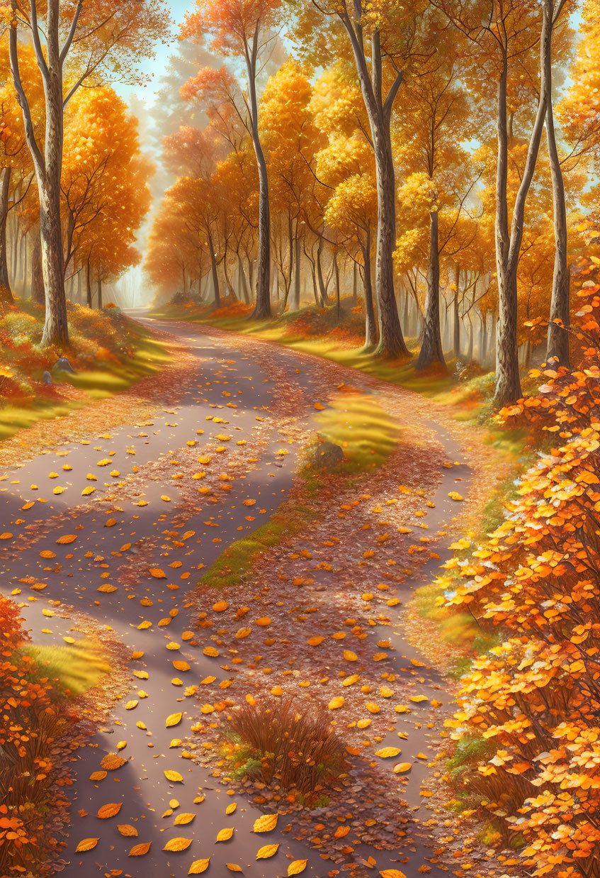 Tranquil autumn forest with winding path and colorful leaves