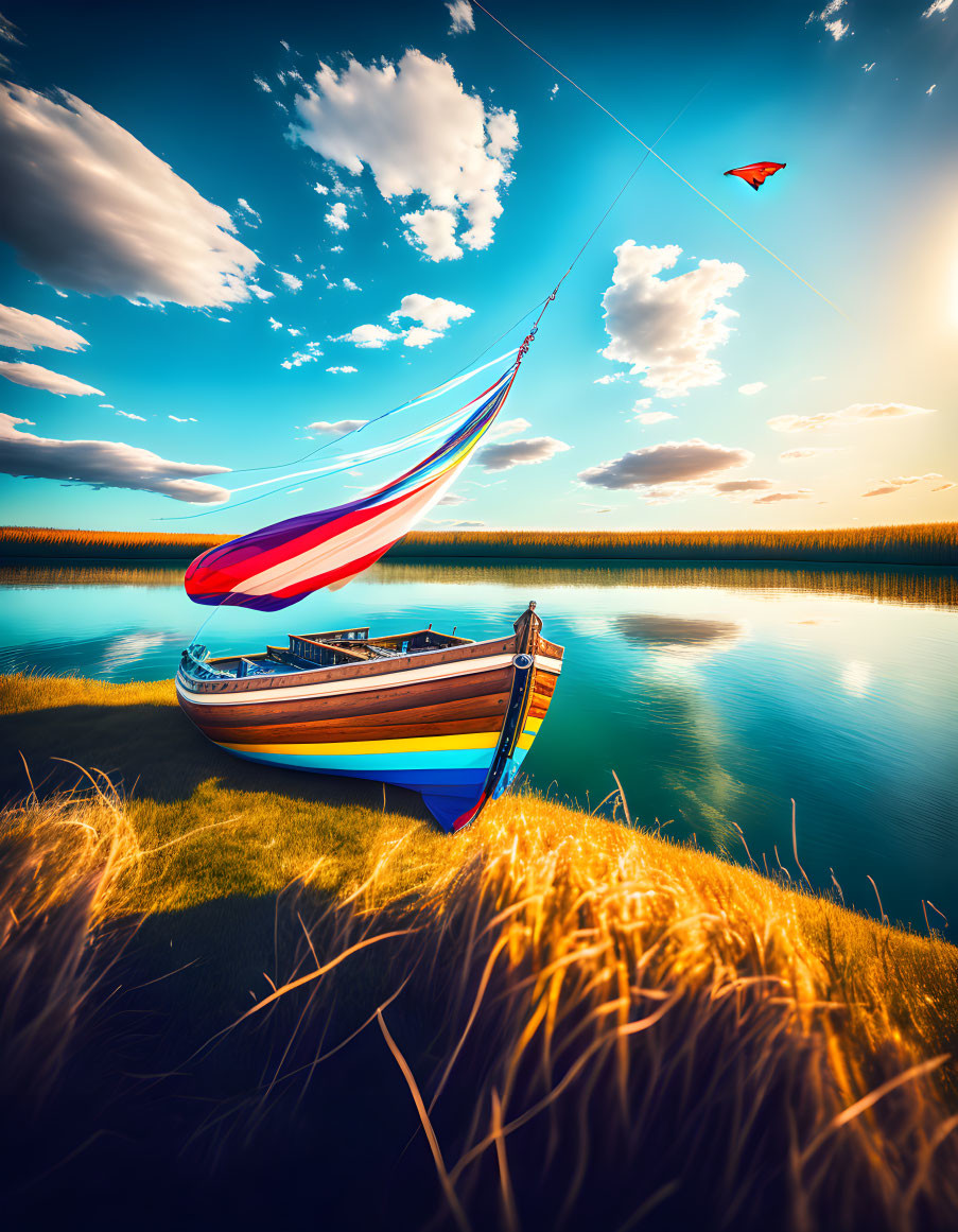 Colorful boat and kite by serene lake at sunset with striking cloud formation