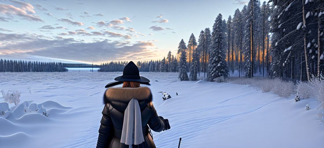 Person in winter coat and hat in snowy landscape at sunset with trees and clear sky