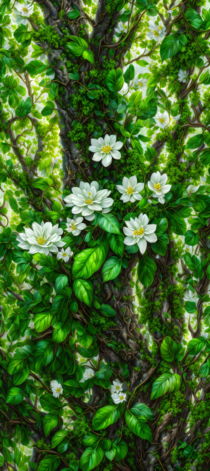 White Flowers Among Green Leaves on Intertwining Branches with Moss
