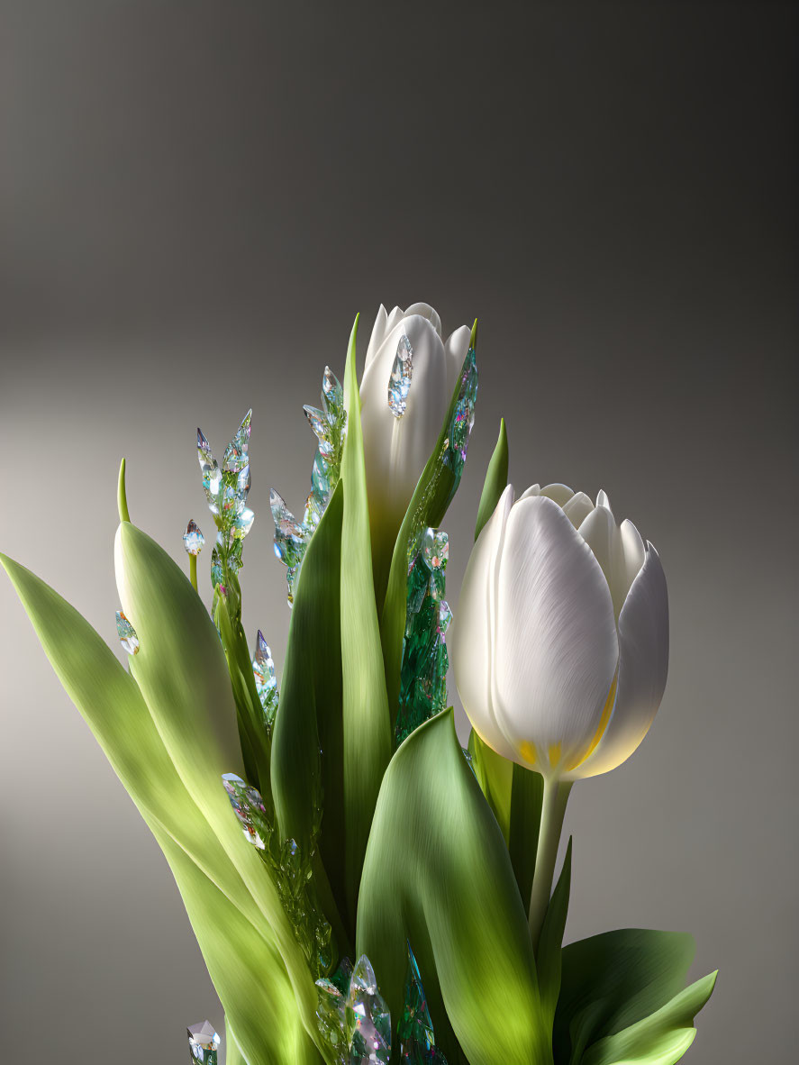 White Tulip with Green Leaves and Dewdrops on Soft Grey Background